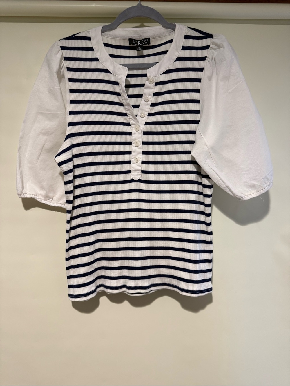 J Crew Ribbed Striped  Navy Blue / White Henley Top with Cotton Sleeves XL - Picture 2 of 9